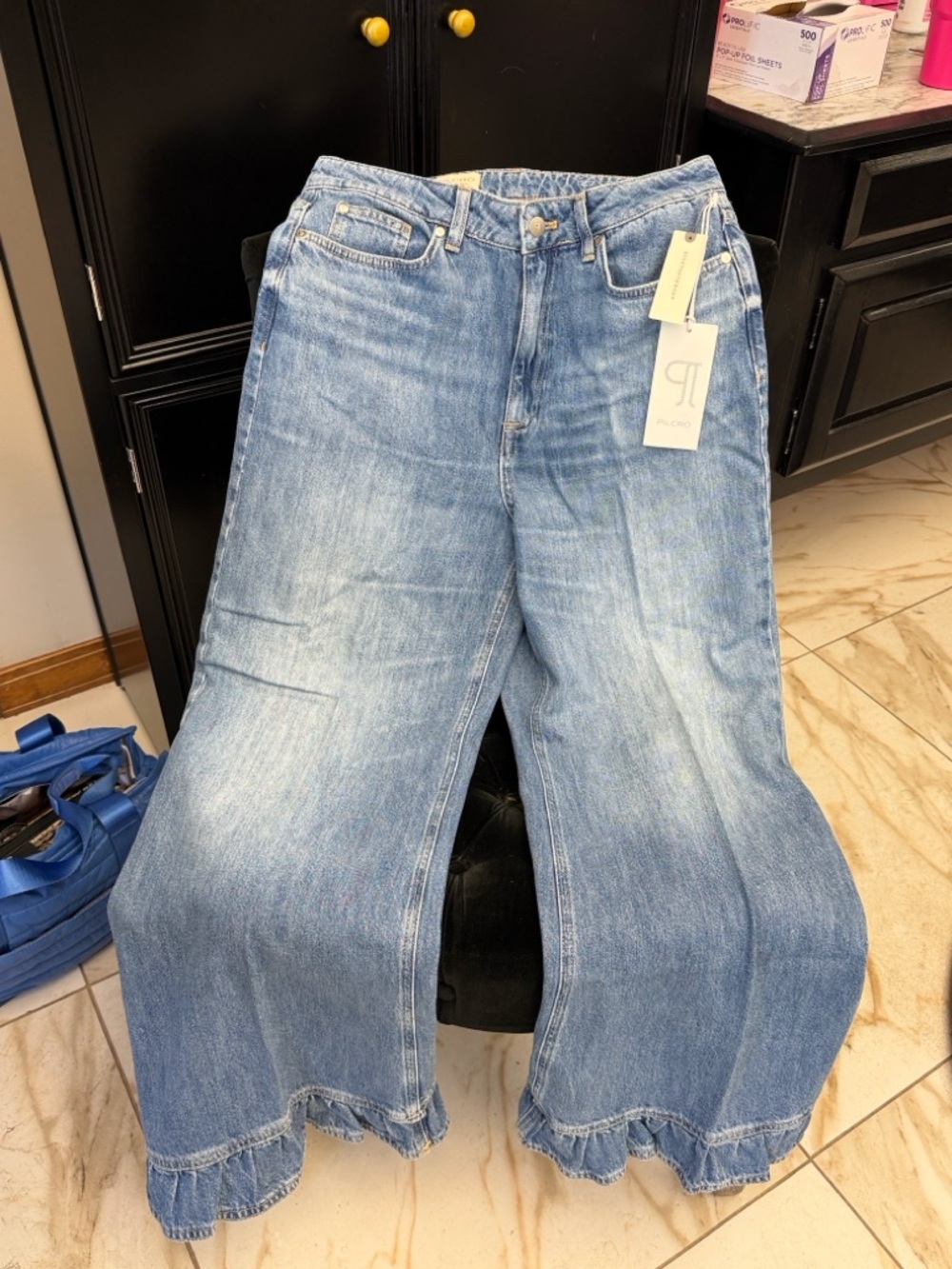 Anthropologie Light Blue Wide-Leg Ruffle Hem Jeans